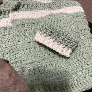 Handmade Green and White Crochet Baby Blanket and Hat Set